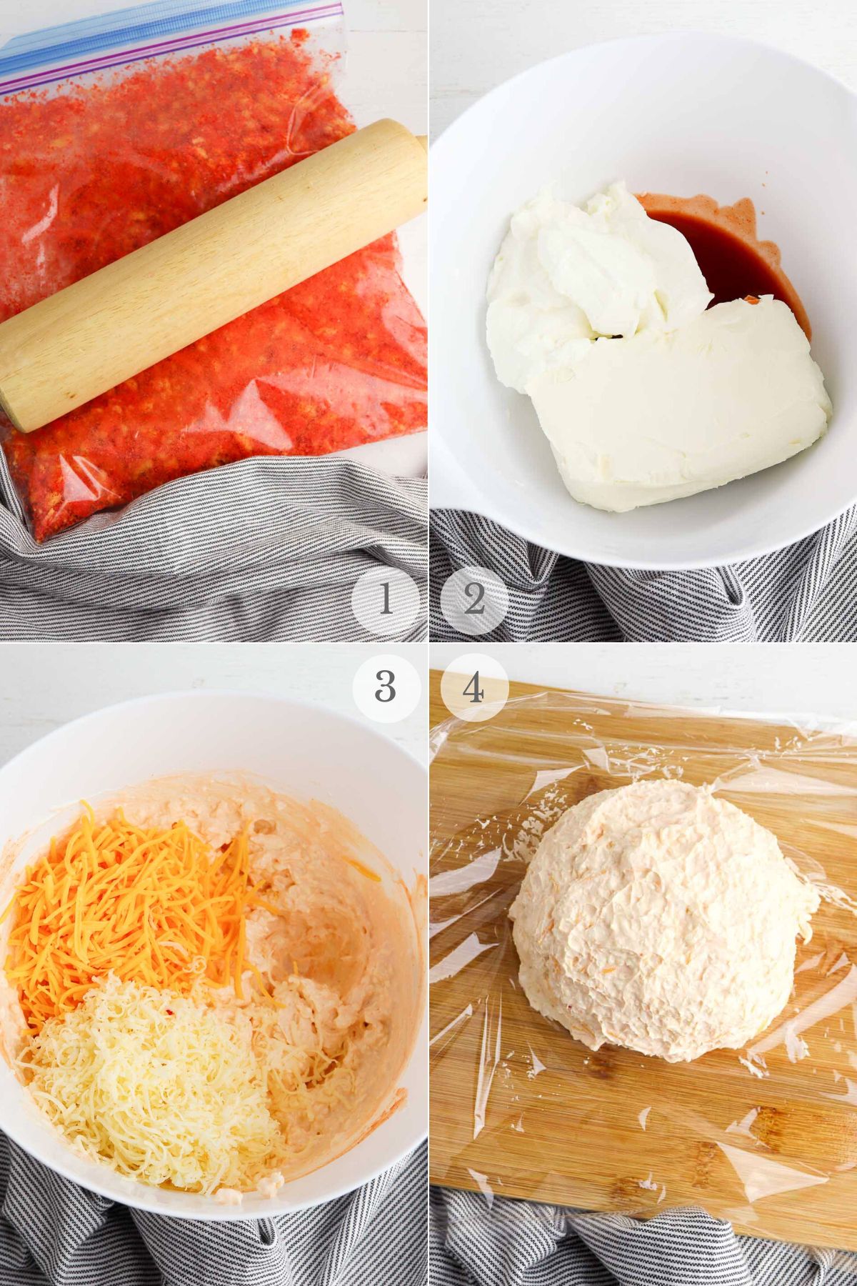 spicy cream cheese ball recipe steps 1-4.