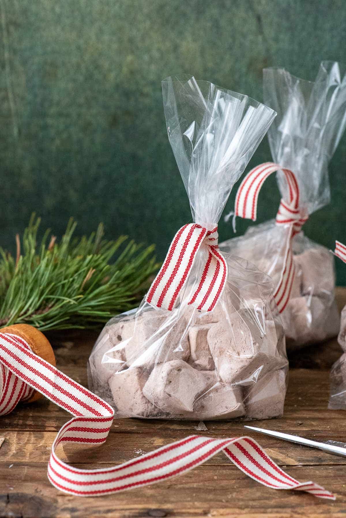 homemade marshmallows in a cellophane bag.