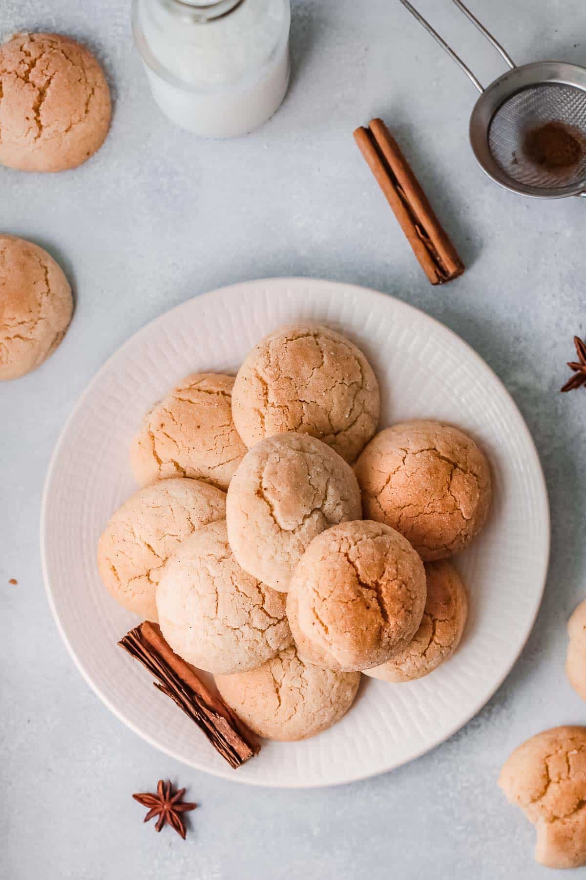 chai snickerdoodle cookies on plate overhead