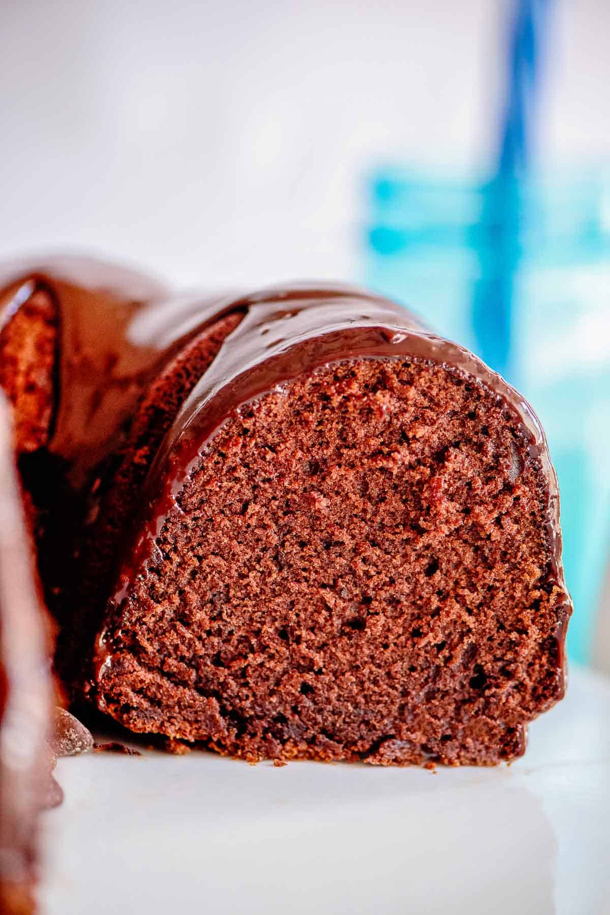 chocolate pound cake slice side view.