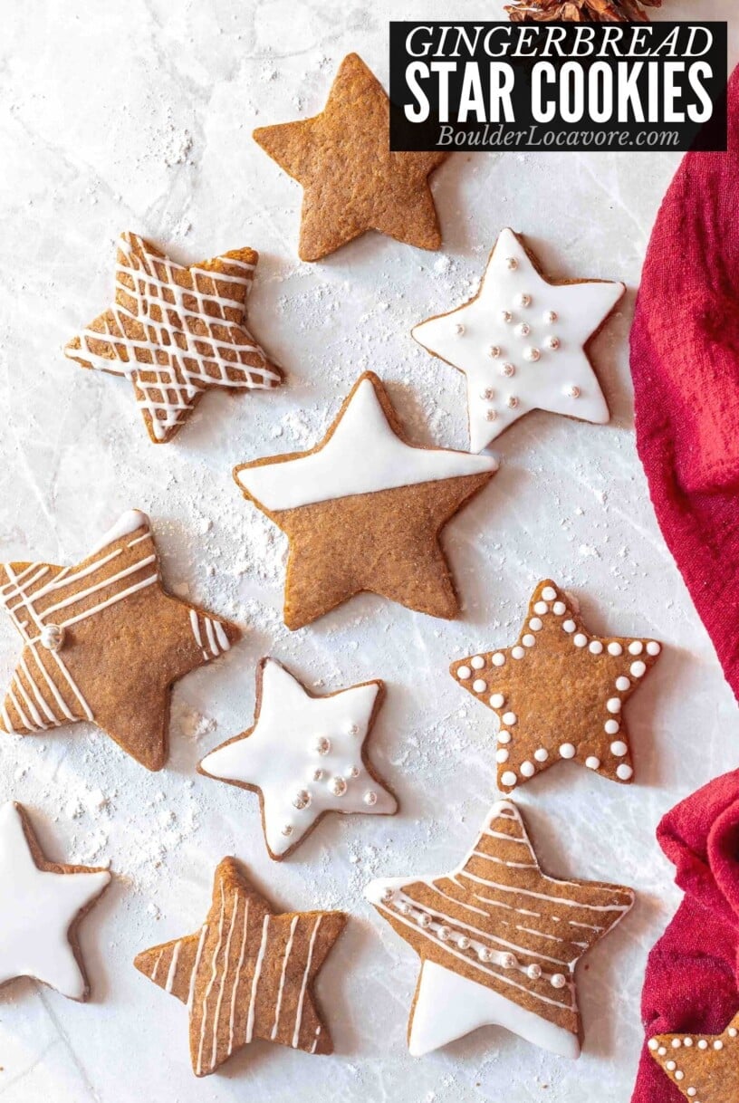 gingerbread star cookies with royal icing.