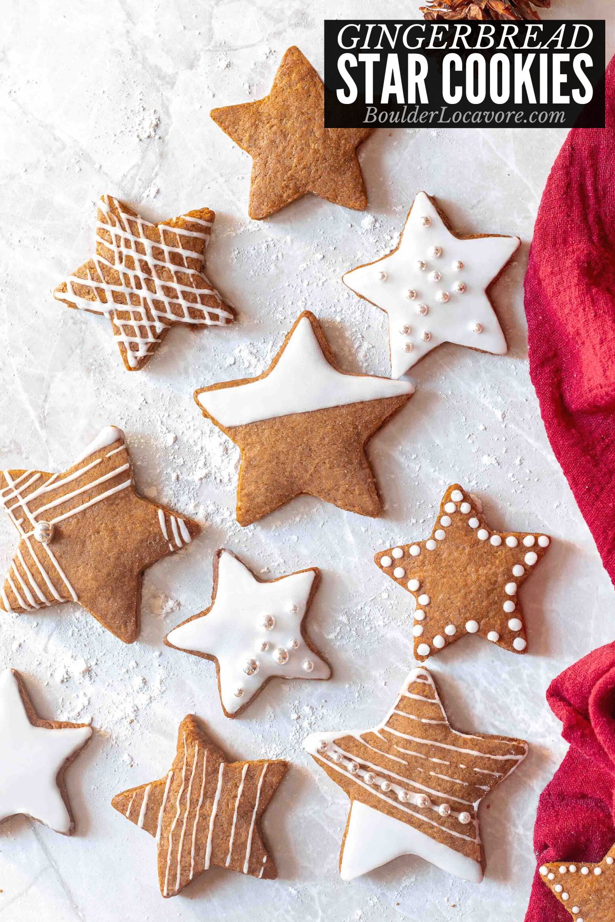 gingerbread star cookies with royal icing.
