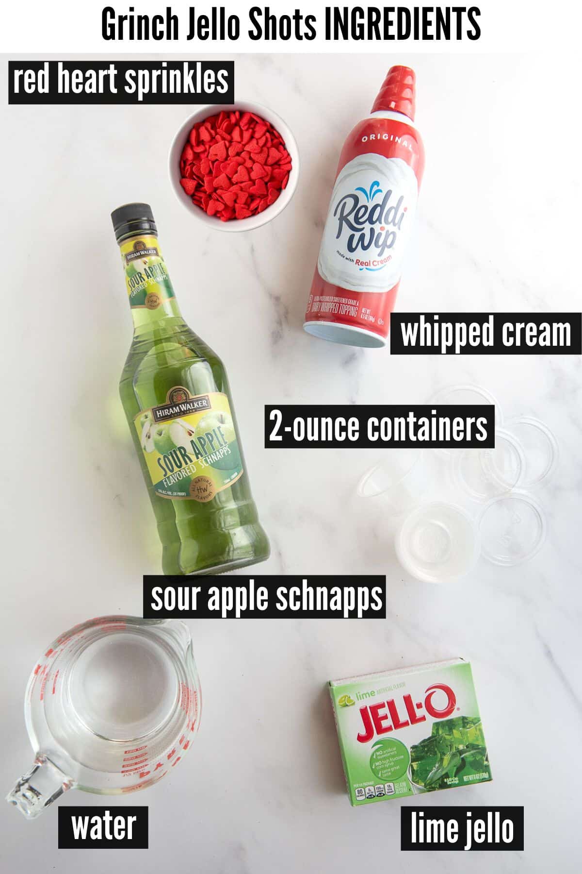 grinch jello shots labelled ingredients.