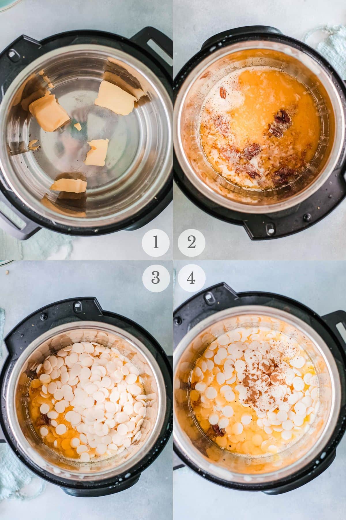 instant pot butter pecan fudge recipe steps 1-4.
