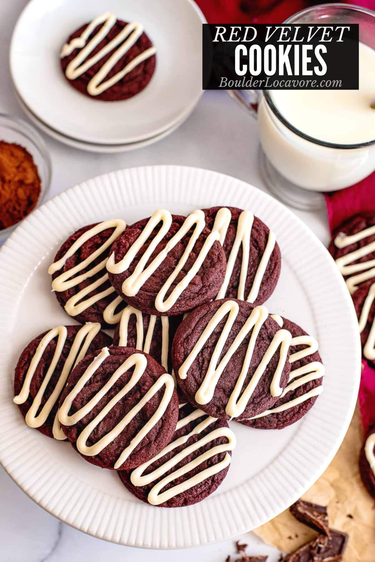 red velvet cookies on a white plate.