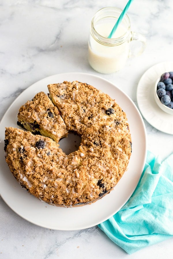 Blueberry Coffee Cake on a white cake plate