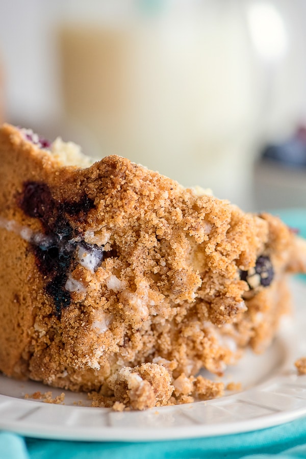 crumble top on coffee cake with glaze