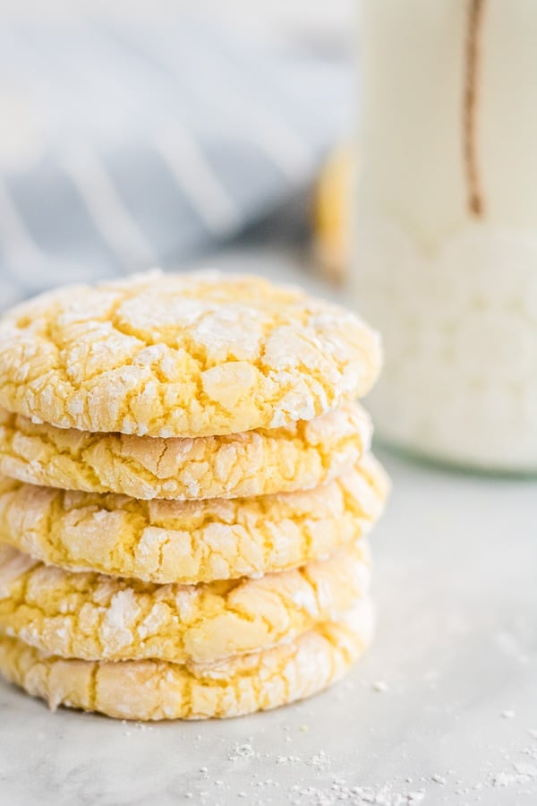 stack of lemon cookies made with cake mix