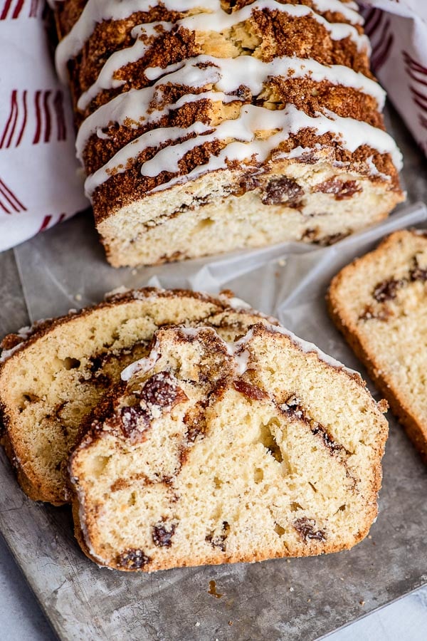 slice of cinnamon raisin bread with glaze