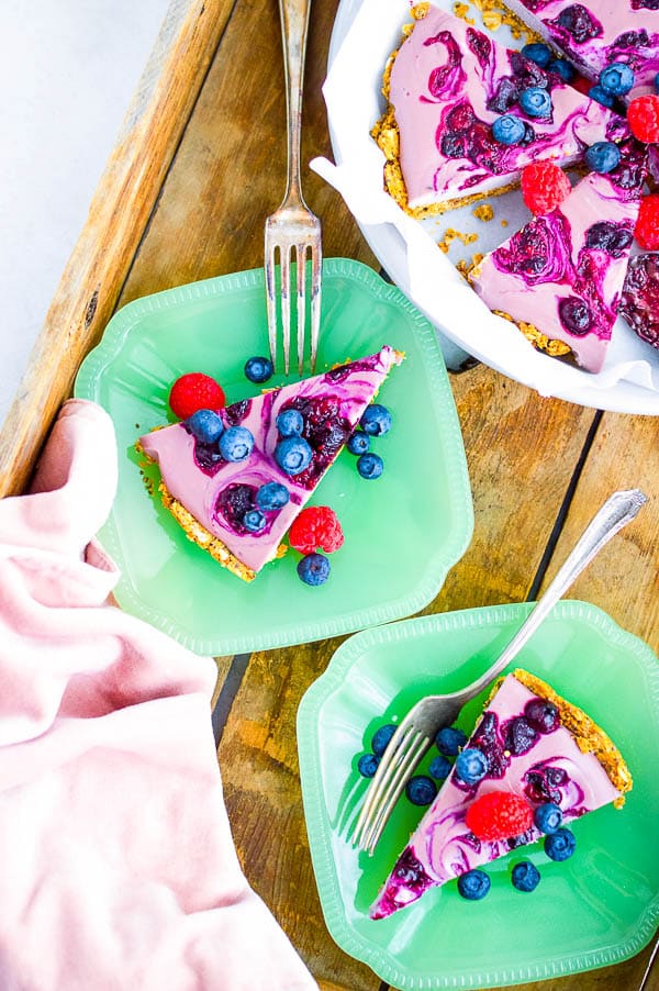 breakfast berry pie slices on green vintage plates 