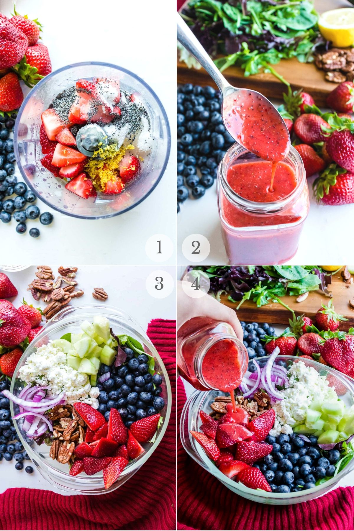 making strawberry salad and strawberry poppy seed dressing recipe steps collage