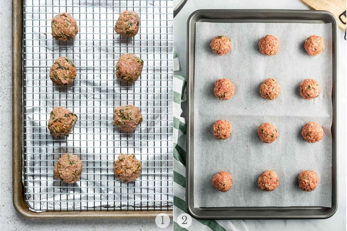 2 methods to cook baked meatballs: on a rack with pan or with parchment on pan