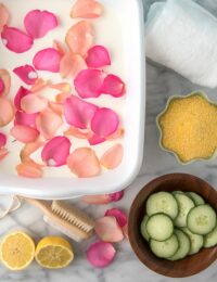 Milk bath rose petals, cornmeal, cucumber slices