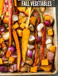 Balsamic Roasted Fall Vegetables with Sumac on a baking sheet titled image